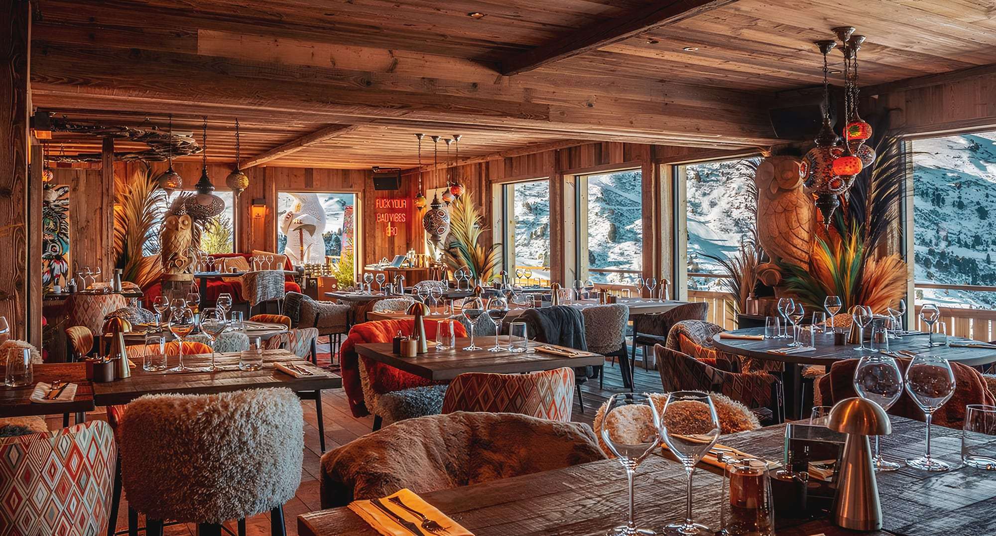 La salle de Tipi : bois blond, banquettes, coussins et grandes baies ouvertes sur la montagne.